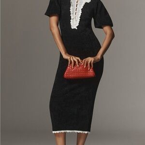 Elegant Black Dress with White Accents, Pearl Buttons